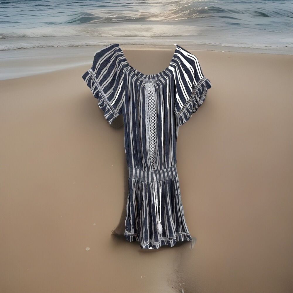 Ocean Drive Medium Gray & White Striped Boho Off Shoulder Romper Dress Crochet
